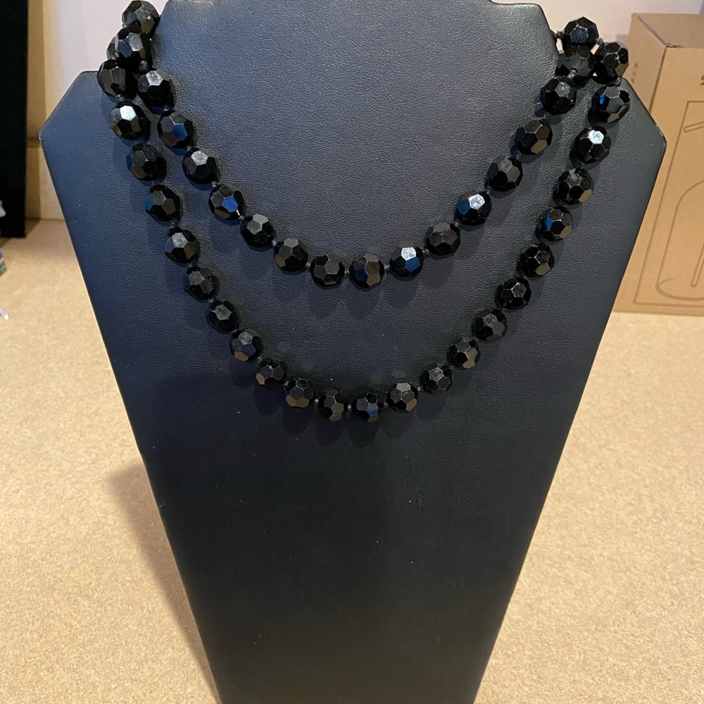 Les Bernard Vintage Knotted Black Faceted Glass Bead Necklace